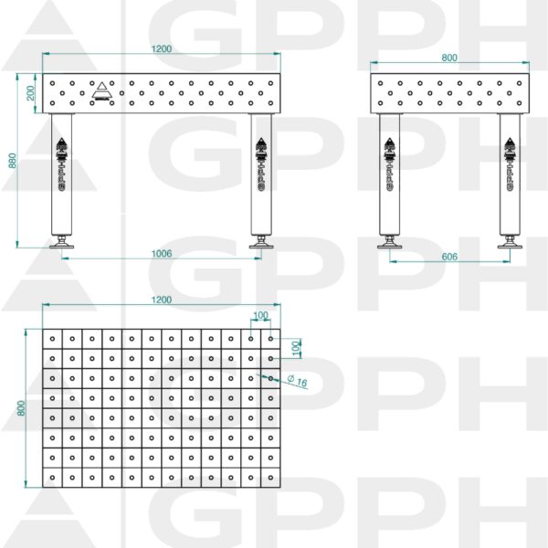 Stół Spawalniczy PRO Rozmiar - 1200x800mm, Siatka - 100x100mm, System - Φ16, Nogi - Na stopach Rysunek techniczny