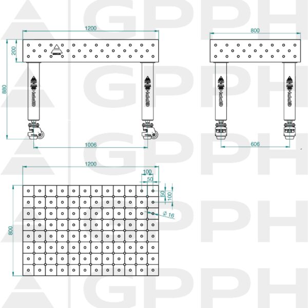 Stół Spawalniczy PRO Rozmiar - 1200x800mm, Siatka - diagonalna, System - Φ16, Nogi - Na kołach Rysunek techniczny