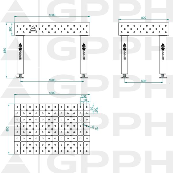Stół Spawalniczy PRO Rozmiar - 1200x800mm, Siatka - diagonalna, System - Φ16, Nogi - Na stopach Rysunek techniczny