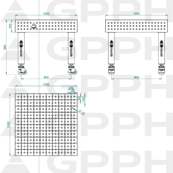 Stół Spawalniczy PRO Rozmiar - 1000x1000mm, Siatka - 50x50mm, System - Φ16, Nogi - Na kołach Rysunek techniczny