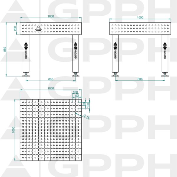 Stół Spawalniczy PRO Rozmiar - 1000x1000mm, Siatka - 50x50mm, System - Φ16, Nogi - Na stopach Rysunek techniczny