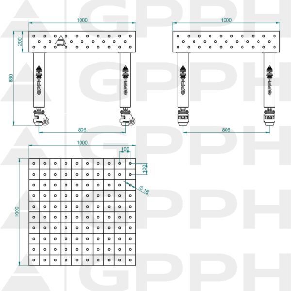 Stół Spawalniczy PRO Rozmiar - 1000x1000mm, Siatka - 100x100mm, System - Φ16, Nogi - Na kołach Rysunek techniczny