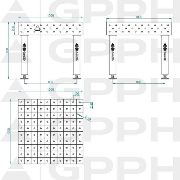 Stół Spawalniczy PRO Rozmiar - 1000x1000mm, Siatka - 100x100mm, System - Φ16, Nogi - Na stopach Rysunek techniczny