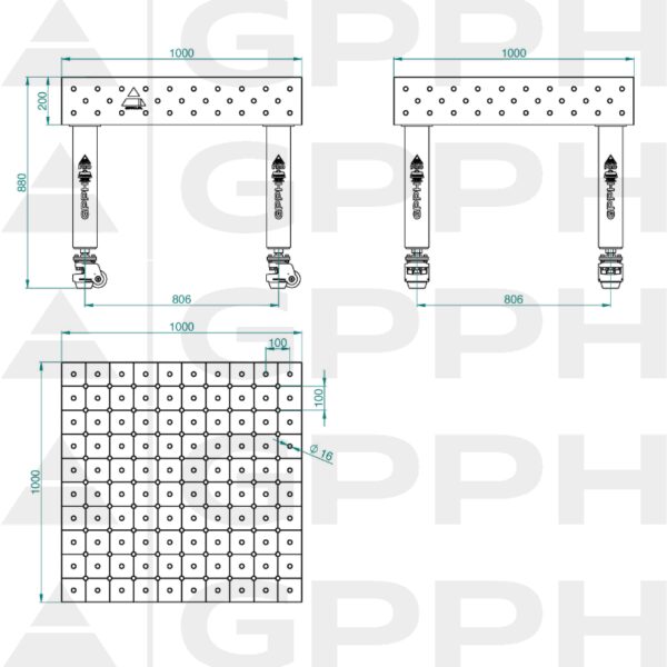 Stół Spawalniczy PRO Rozmiar - 1000x1000mm, Siatka - diagonalna, System - Φ16, Nogi - Na kołach Rysunek techniczny