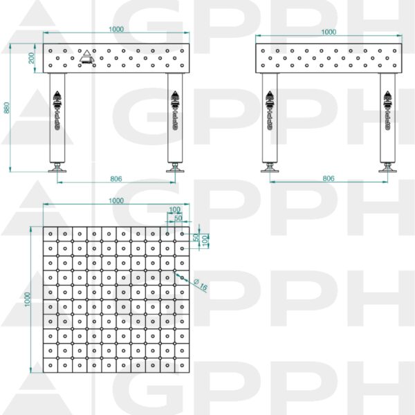 Stół Spawalniczy PRO Rozmiar - 1000x1000mm, Siatka - diagonalna, System - Φ16, Nogi - Na stopach Rysunek techniczny