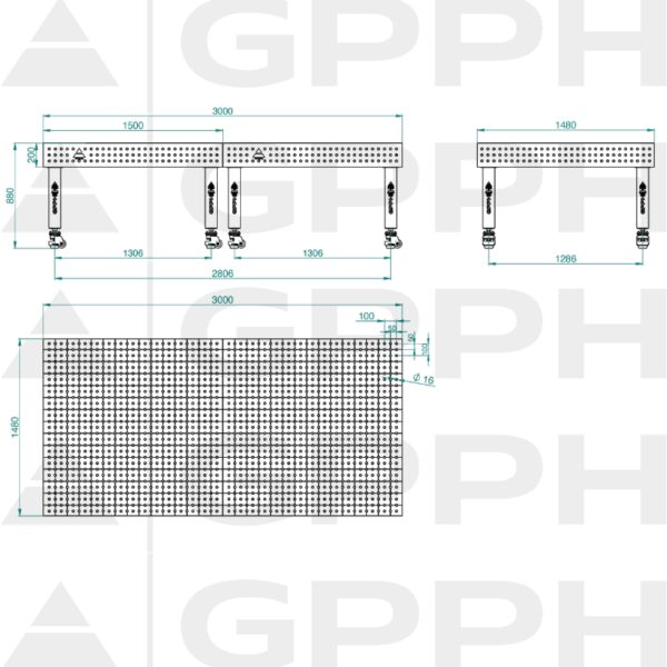 Stół Spawalniczy PRO Rozmiar - 3000x1480mm, Siatka - 50x50mm, System - Φ16, Nogi - Na kołach Rysunek techniczny