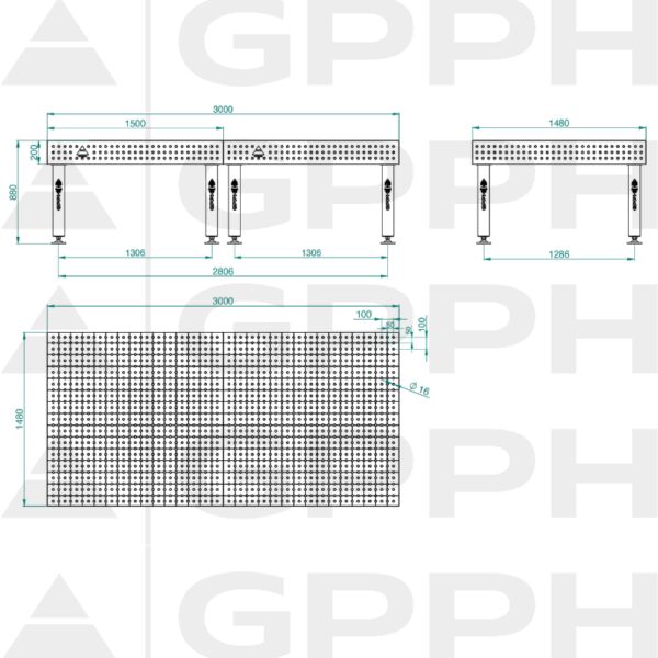 Stół Spawalniczy PRO Rozmiar - 3000x1480mm, Siatka - 50x50mm, System - Φ16, Nogi - Na stopach Rysunek techniczny