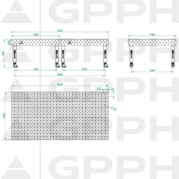 Stół Spawalniczy PRO Rozmiar - 3000x1480mm, Siatka - 100x100mm, System - Φ16, Nogi - Na kołach Rysunek techniczny