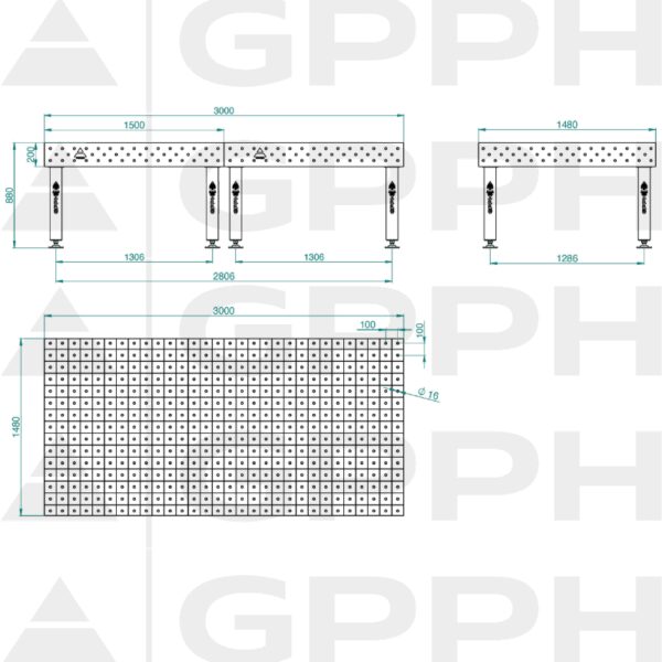 Stół Spawalniczy PRO Rozmiar - 3000x1480mm, Siatka - 100x100mm, System - Φ16, Nogi - Na stopach Rysunek techniczny