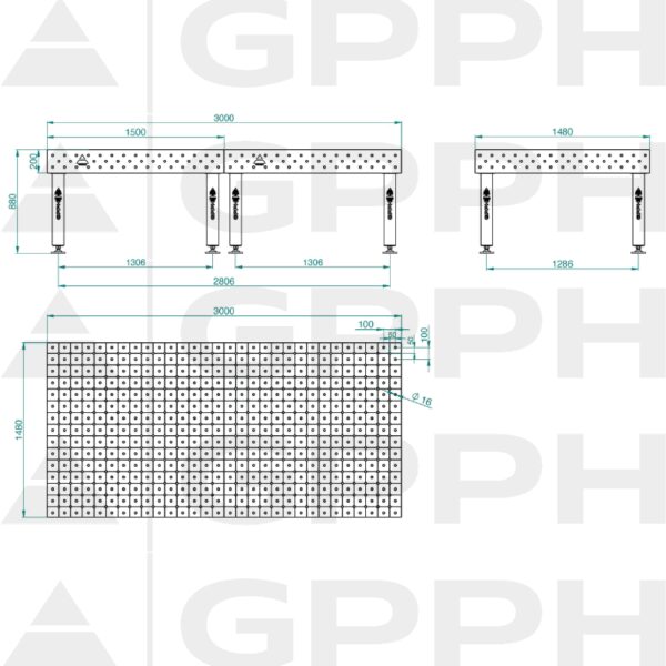 Stół Spawalniczy PRO Rozmiar - 3000x1480mm, Siatka - diagonalna, System - Φ16, Nogi - Na stopach Rysunek techniczny