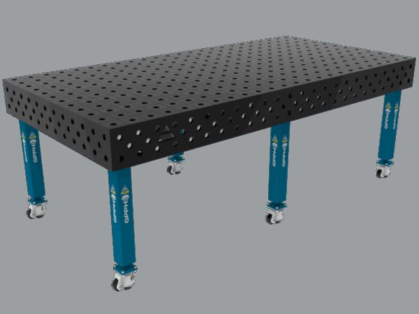 Stół Spawalniczy PLUS Siatka - 100x100mm, System - Φ28, Rozmiar - 2400x1200mm, Nogi - Na kołach