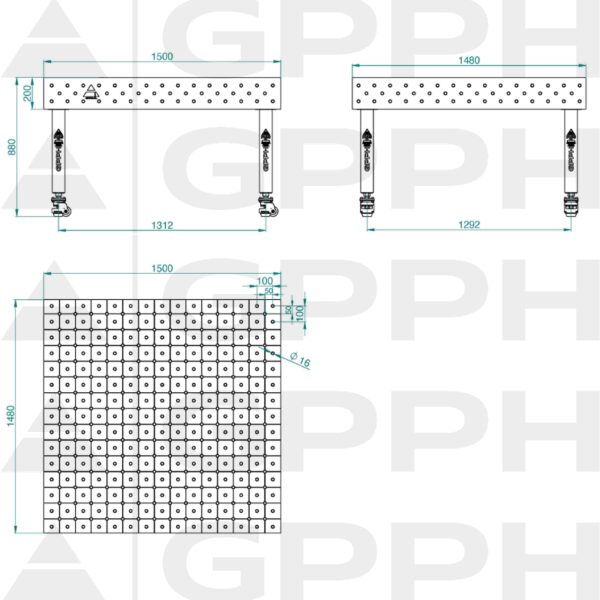 Stół Spawalniczy PLUS INOX Rozmiar - 1500x1480mm, Siatka - DIAGONALNA, System - Φ16, Nogi - Na kołach - rysunek techniczny