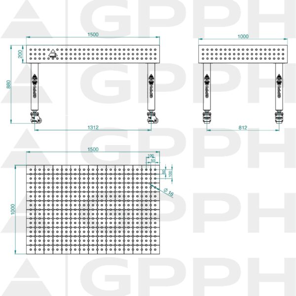 Stół Spawalniczy PLUS INOX Rozmiar - 1500x1000mm, Siatka - 50x50mm, System - Φ16, Nogi - Na kołach - rysunek techniczny