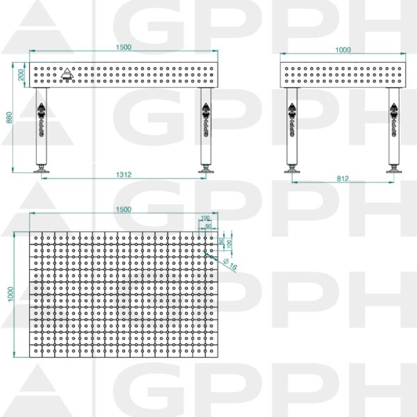 Stół Spawalniczy PLUS INOX Rozmiar - 1500x1000mm, Siatka - 50x50mm, System - Φ16, Nogi - Na stopach - rysunek techniczny