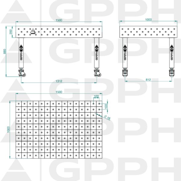 Stół Spawalniczy PLUS INOX Rozmiar - 1500x1000mm, Siatka - 100x100mm, System - Φ16, Nogi - Na kołach - rysunek techniczny