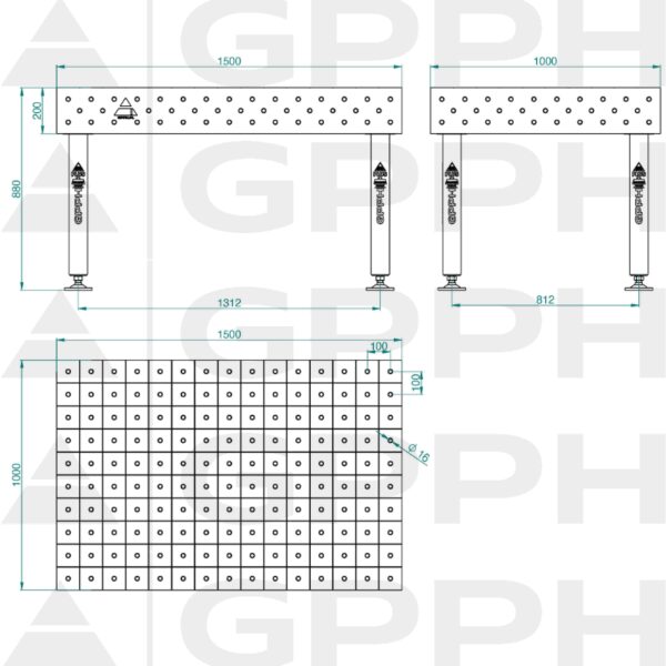 Stół Spawalniczy PLUS INOX Rozmiar - 1500x1000mm, Siatka - 100x100mm, System - Φ16, Nogi - Na stopach - rysunek techniczny
