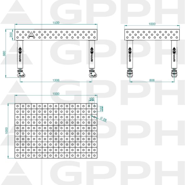 Stół Spawalniczy PLUS INOX Rozmiar - 1500x1000mm, Siatka - 100x100mm, System - Φ28, Nogi - Na kołach - rysunek techniczny
