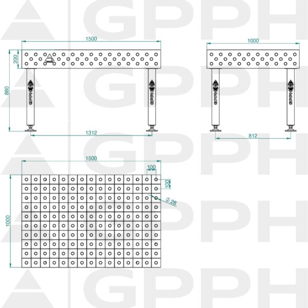 Stół Spawalniczy PLUS INOX Rozmiar - 1500x1000mm, Siatka - 100x100mm, System - Φ28, Nogi - Na stopach - rysunek techniczny