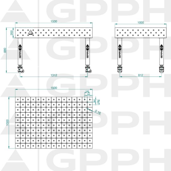 Stół Spawalniczy PLUS INOX Rozmiar - 1500x1000mm, Siatka - DIAGONALNA, System - Φ16, Nogi - Na kołach - rysunek techniczny