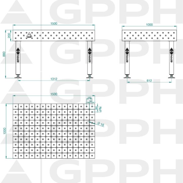 Stół Spawalniczy PLUS INOX Rozmiar - 1500x1000mm, Siatka - DIAGONALNA, System - Φ16, Nogi - Na stopach - rysunek techniczny