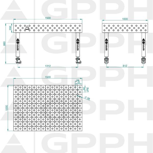 Stół Spawalniczy PLUS INOX Rozmiar - 1500x1000mm, Siatka - DIAGONALNA, System - Φ28, Nogi - Na kołach - rysunek techniczny