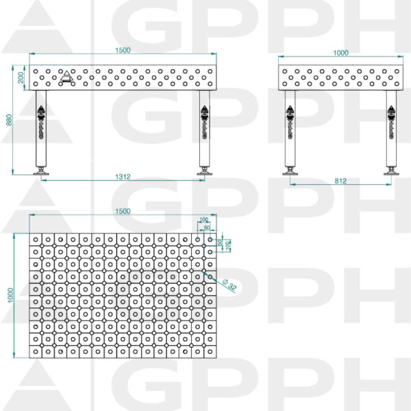Stół Spawalniczy PLUS INOX Rozmiar - 1500x1000mm, Siatka - DIAGONALNA, System - Φ28, Nogi - Na stopach - rysunek techniczny