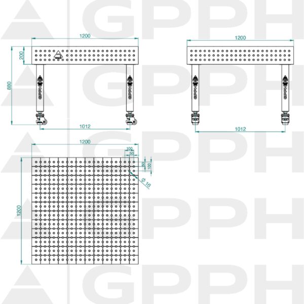 Stół Spawalniczy PLUS INOX Rozmiar - 1200x1200mm, Siatka - 50x50mm, System - Φ16, Nogi - Na kołach - rysunek techniczny