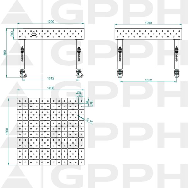 Stół Spawalniczy PLUS INOX Rozmiar - 1200x1200mm, Siatka - DIAGONALNA, System - Φ16, Nogi - Na kołach - rysunek techniczny