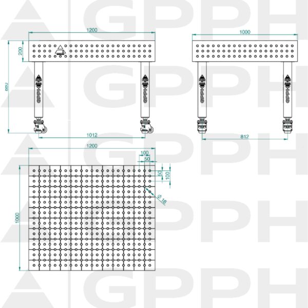 Stół Spawalniczy PLUS INOX Rozmiar - 1200x1000mm, Siatka - 50x50mm, System - Φ16, Nogi - Na kołach - rysunek techniczny