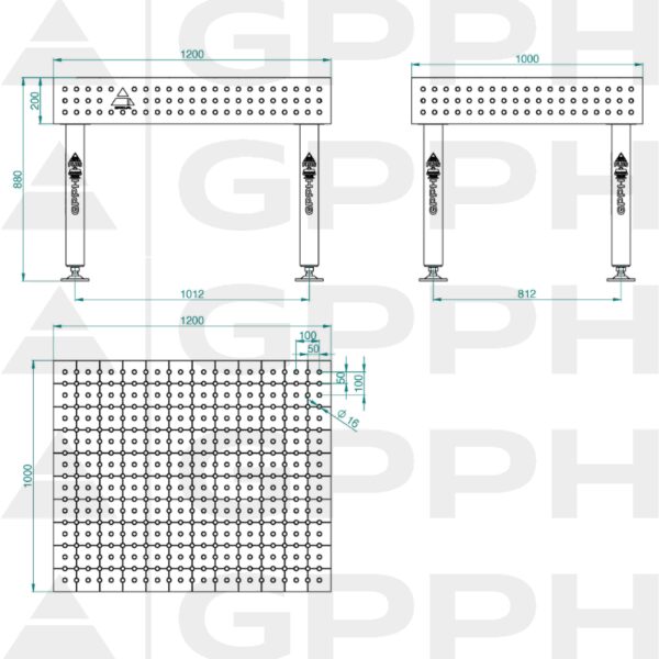 Stół Spawalniczy PLUS INOX Rozmiar - 1200x1000mm, Siatka - 50x50mm, System - Φ16, Nogi - Na stopach - rysunek techniczny