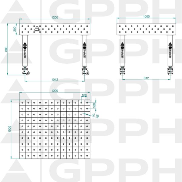 Stół Spawalniczy PLUS INOX Rozmiar - 1200x1000mm, Siatka - 100x100mm, System - Φ16, Nogi - Na kołach - rysunek techniczny