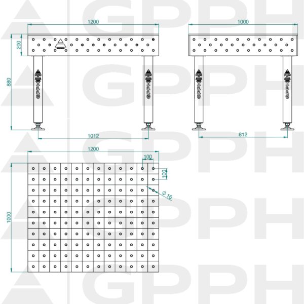 Stół Spawalniczy PLUS INOX Rozmiar - 1200x1000mm, Siatka - 100x100mm, System - Φ16, Nogi - Na stopach - rysunek techniczny