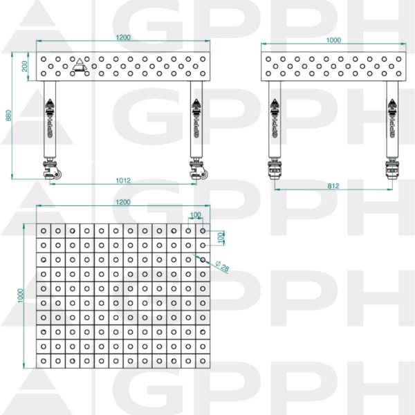 Stół Spawalniczy PLUS INOX Rozmiar - 1200x1000mm, Siatka - 100x100mm, System - Φ28, Nogi - Na kołach - rysunek techniczny