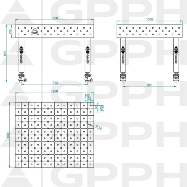 Stół Spawalniczy PLUS INOX Rozmiar - 1200x1000mm, Siatka - DIAGONALNA, System - Φ16, Nogi - Na kołach - rysunek techniczny