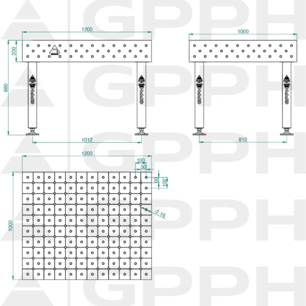 Stół Spawalniczy PLUS INOX Rozmiar - 1200x1000mm, Siatka - DIAGONALNA, System - Φ16, Nogi - Na stopach - rysunek techniczny