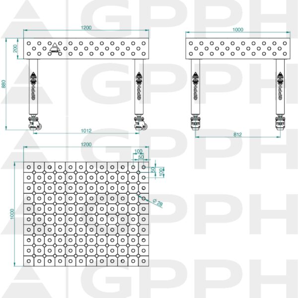 Stół Spawalniczy PLUS INOX Rozmiar - 1200x1000mm, Siatka - DIAGONALNA, System - Φ28, Nogi - Na kołach - rysunek techniczny