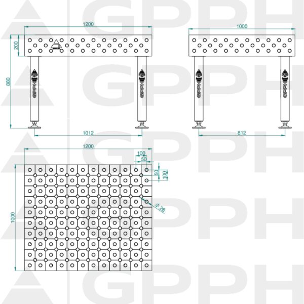 Stół Spawalniczy PLUS INOX Rozmiar - 1200x1000mm, Siatka - DIAGONALNA, System - Φ28, Nogi - Na stopach - rysunek techniczny