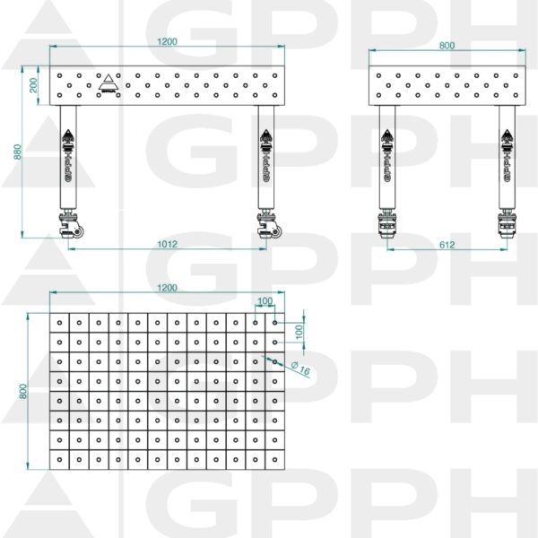 Stół Spawalniczy PLUS INOX Rozmiar - 1200x800mm, Siatka - 100x100mm, System - Φ16, Nogi - Na kołach - rysunek techniczny