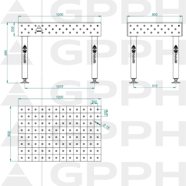 Stół Spawalniczy PLUS INOX Rozmiar - 1200x800mm, Siatka - 100x100mm, System - Φ16, Nogi - Na stopach - rysunek techniczny