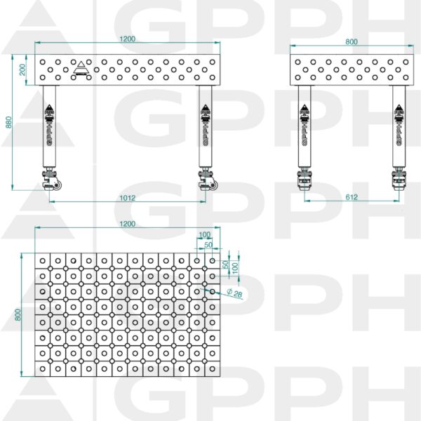 Stół Spawalniczy PLUS INOX Rozmiar - 1200x800mm, Siatka - DIAGONALNA, System - Φ28, Nogi - Na kołach - rysunek techniczny