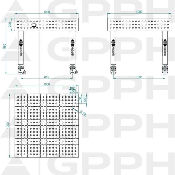 Stół Spawalniczy PLUS INOX Rozmiar - 1000x1000mm, Siatka - 50x50mm, System - Φ16, Nogi - Na kołach - rysunek techniczny