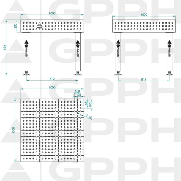 Stół Spawalniczy PLUS INOX Rozmiar - 1000x1000mm, Siatka - 50x50mm, System - Φ16, Nogi - Na stopach - rysunek techniczny