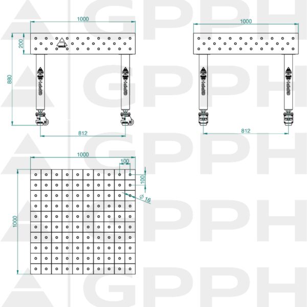 Stół Spawalniczy PLUS INOX Rozmiar - 1000x1000mm, Siatka - 100x100mm, System - Φ16, Nogi - Na kołach - rysunek techniczny