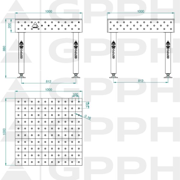 Stół Spawalniczy PLUS INOX Rozmiar - 1000x1000mm, Siatka - 100x100mm, System - Φ16, Nogi - Na stopach - rysunek techniczny