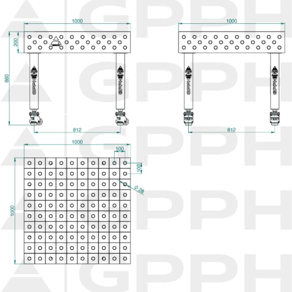 Stół Spawalniczy PLUS INOX Rozmiar - 1000x1000mm, Siatka - 100x100mm, System - Φ28, Nogi - Na kołach - rysunek techniczny