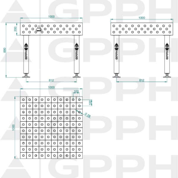 Stół Spawalniczy PLUS INOX Rozmiar - 1000x1000mm, Siatka - 100x100mm, System - Φ28, Nogi - Na stopach - rysunek techniczny