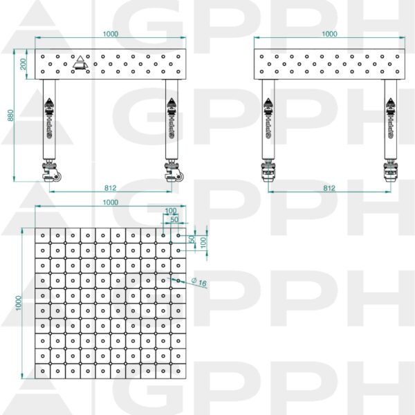 Stół Spawalniczy PLUS INOX Rozmiar - 1000x1000mm, Siatka - DIAGONALNA, System - Φ16, Nogi - Na kołach - rysunek techniczny