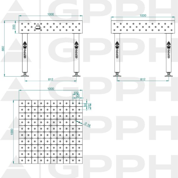 Stół Spawalniczy PLUS INOX Rozmiar - 1000x1000mm, Siatka - DIAGONALNA, System - Φ16, Nogi - Na stopach - rysunek techniczny