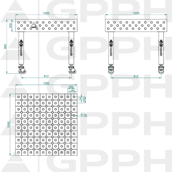 Stół Spawalniczy PLUS INOX Rozmiar - 1000x1000mm, Siatka - DIAGONALNA, System - Φ28, Nogi - Na kołach - rysunek techniczny