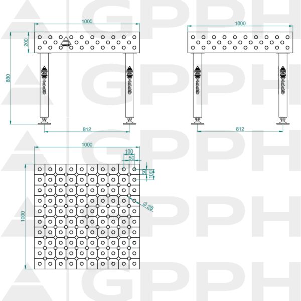 Stół Spawalniczy PLUS INOX Rozmiar - 1000x1000mm, Siatka - DIAGONALNA, System - Φ28, Nogi - Na stopach - rysunek techniczny